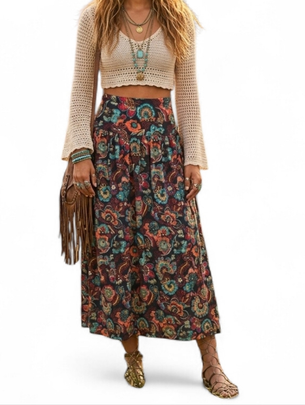 VTG Sostanza Black Floral Midi Skirt Made in USA Boho Rayon Blend Large